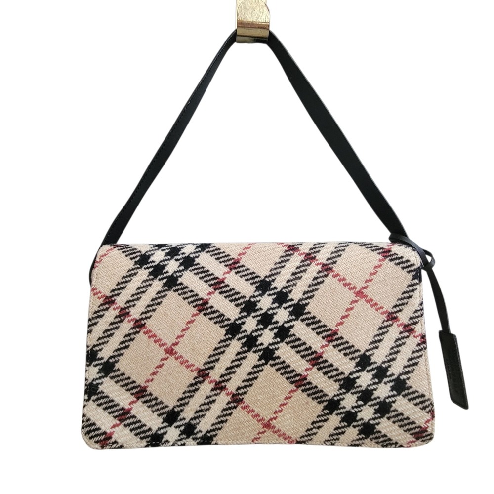Vtg Burberry London Nova Check Wool Baguette Shoulder Bag Tan Black Leather Trim